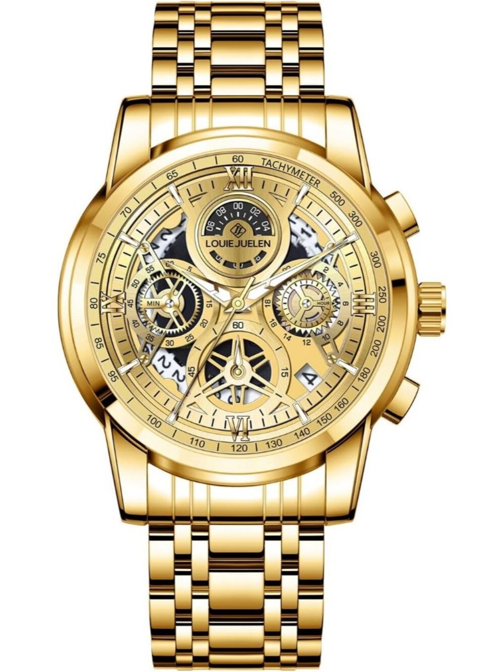 Men's Full Gold Full Chronograph Quartz Analog Stainless Steel Waterproof Watch